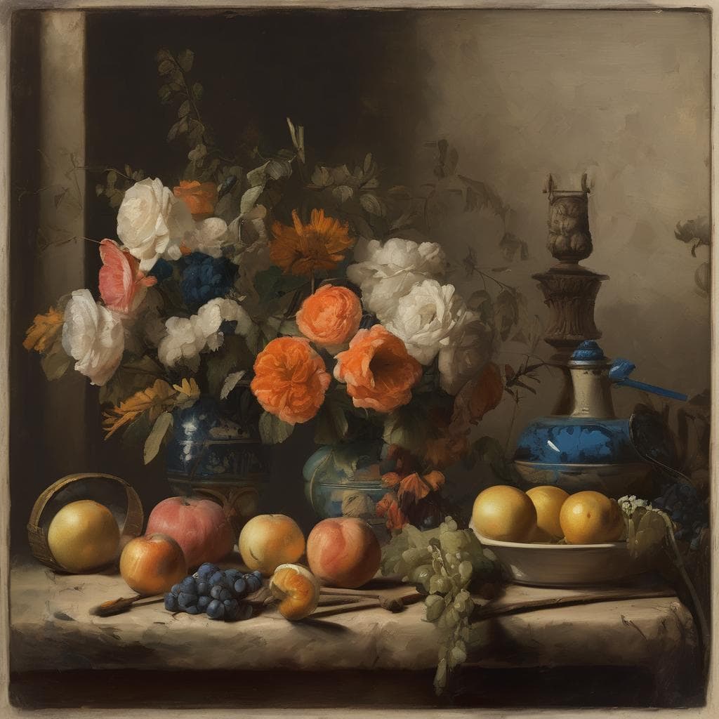 Αλτέξ, εσωτερικός κόσμος, τέχνη και ψυχολογία, νεκρότοπος με λουλούδια και φρούτα, διαλογισμός και αυτογνωσία, πίνακας εμπνευσμένος από τη φύση και το πνεύμα.